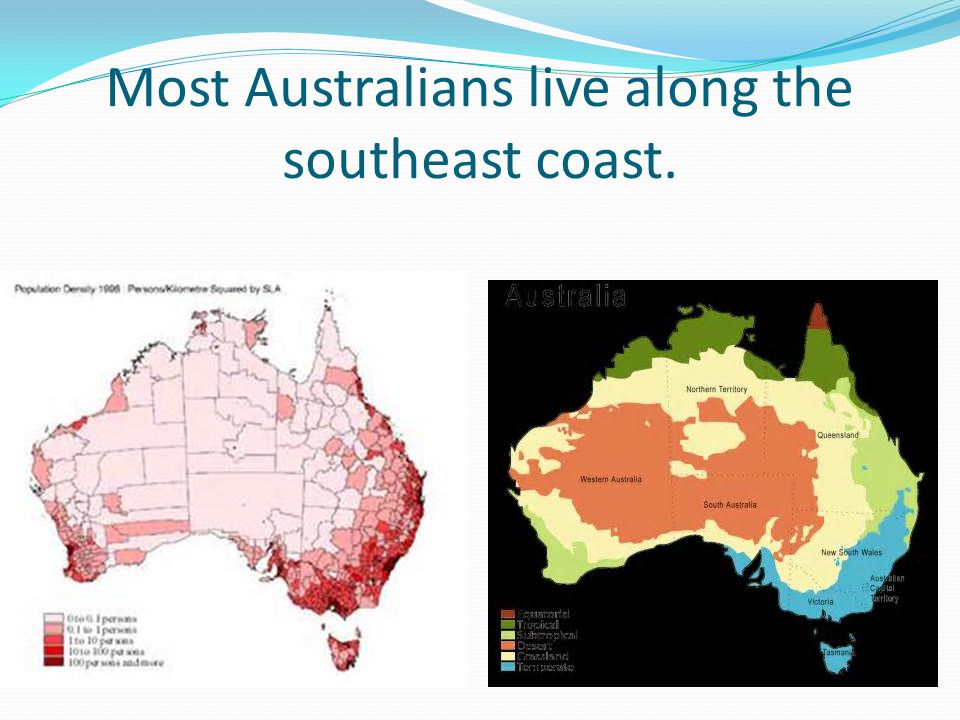 Most Australians live along the southeast coast.