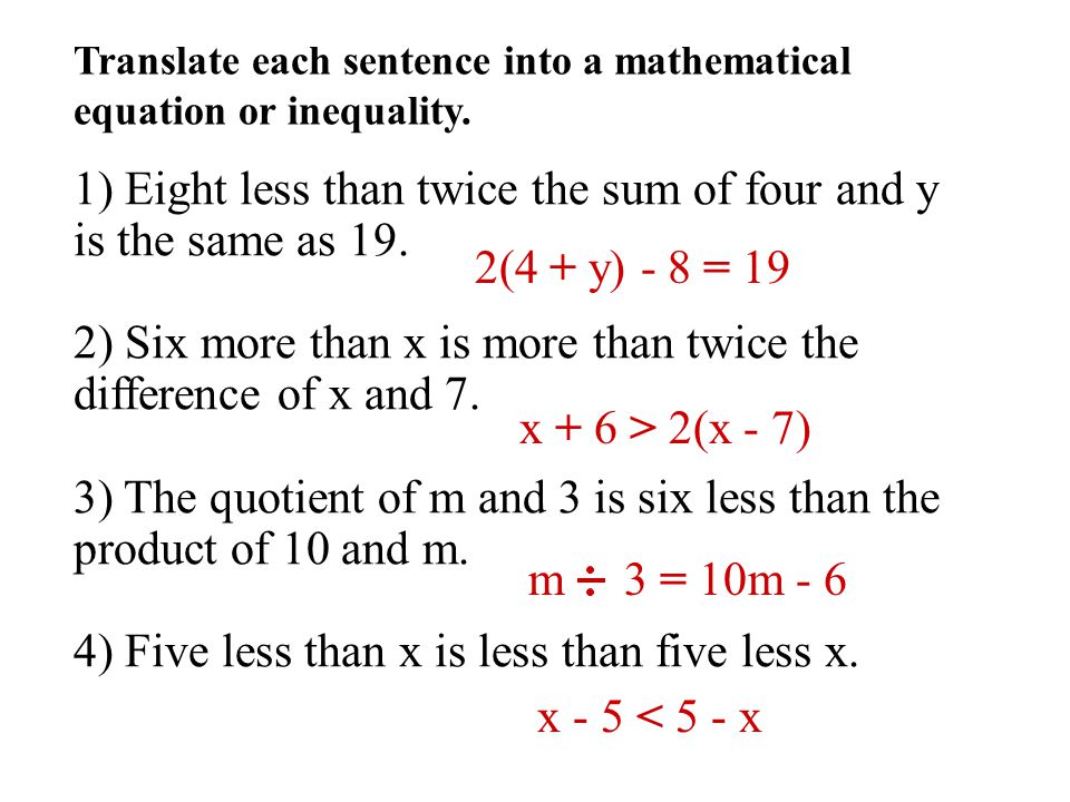 1) Eight less than twice the sum of four and y is the same as 19.