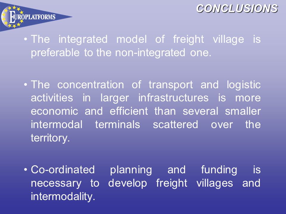 CONCLUSIONS The integrated model of freight village is preferable to the non-integrated one.