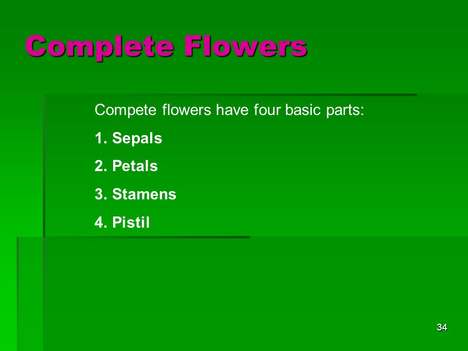 Complete Flowers Compete flowers have four basic parts: Sepals Petals