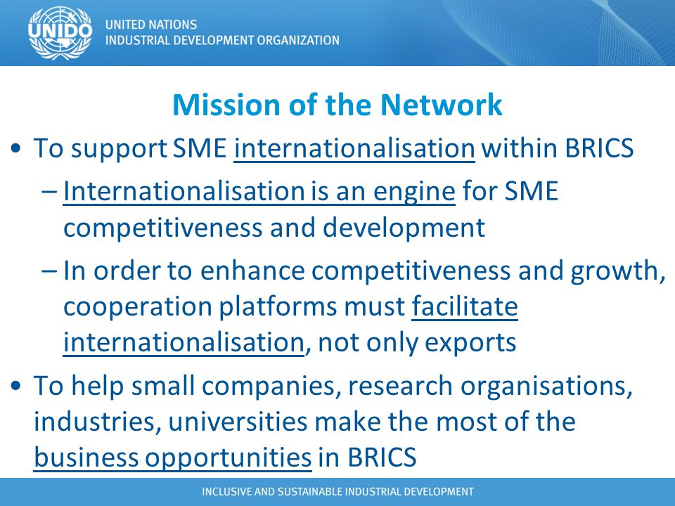 Mission of the Network To support SME internationalisation within BRICS. Internationalisation is an engine for SME competitiveness and development.
