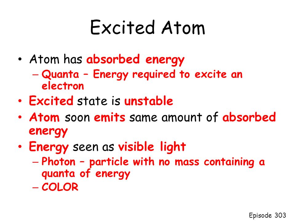 Excited Atom Atom has absorbed energy Excited state is unstable