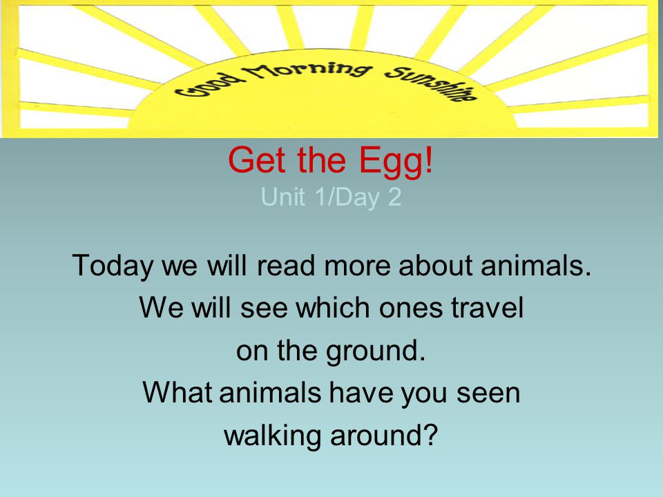 Get the Egg! Unit 1/Day 2 Today we will read more about animals.