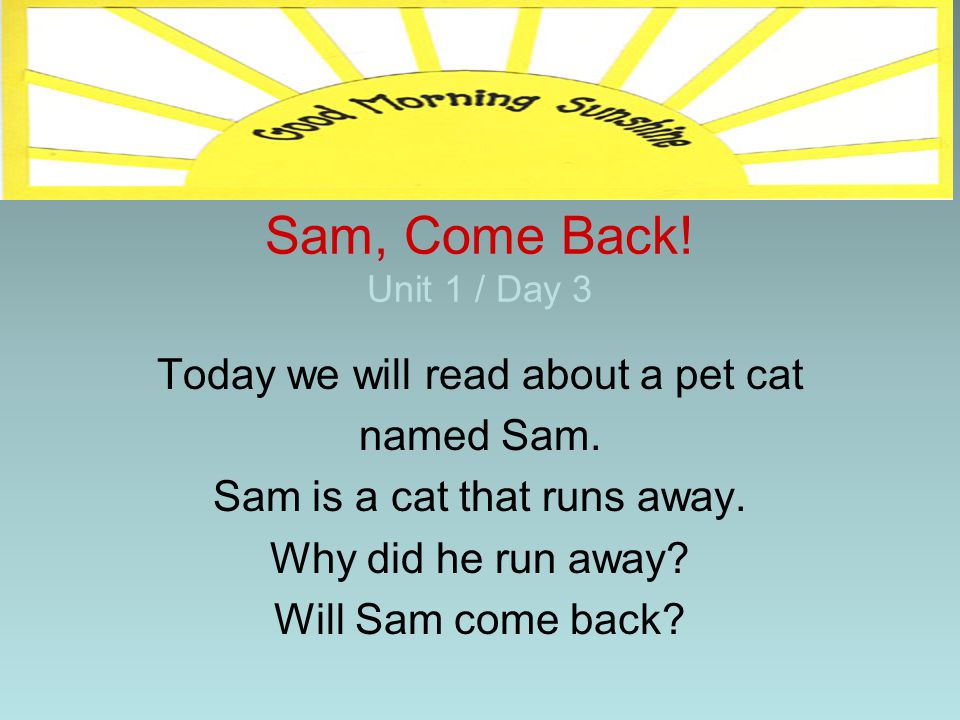 Sam, Come Back! Unit 1 / Day 3 Today we will read about a pet cat