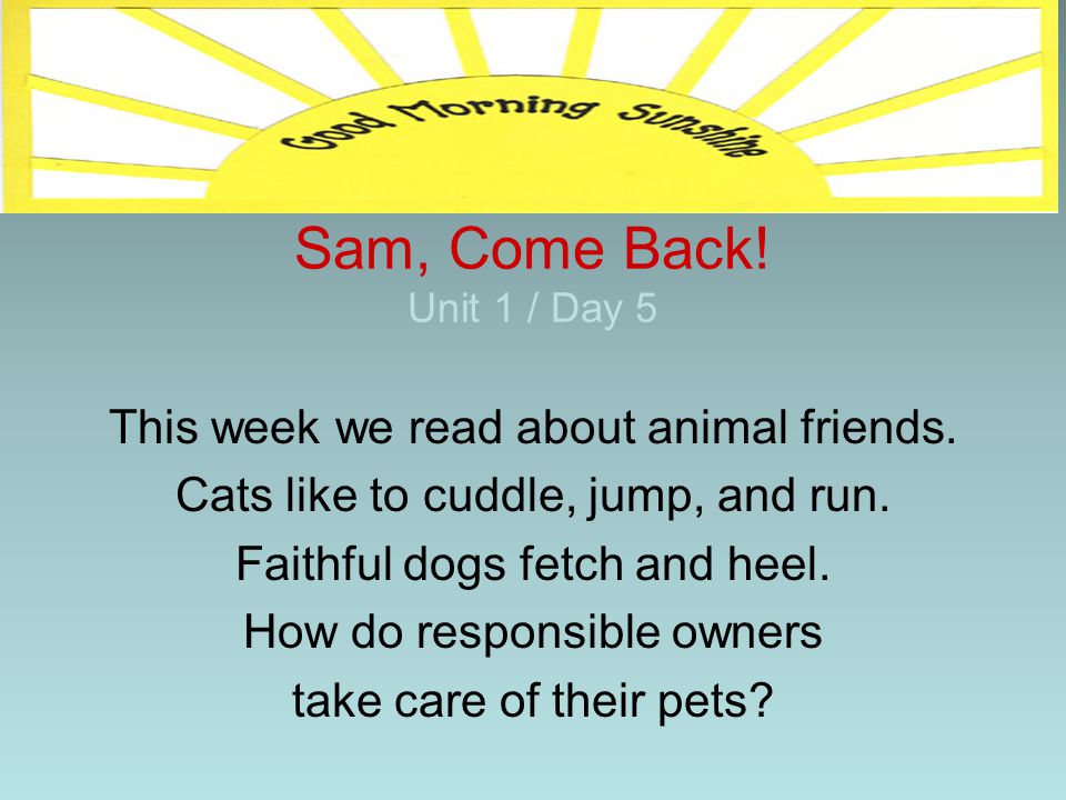 Sam, Come Back! Unit 1 / Day 5 This week we read about animal friends.