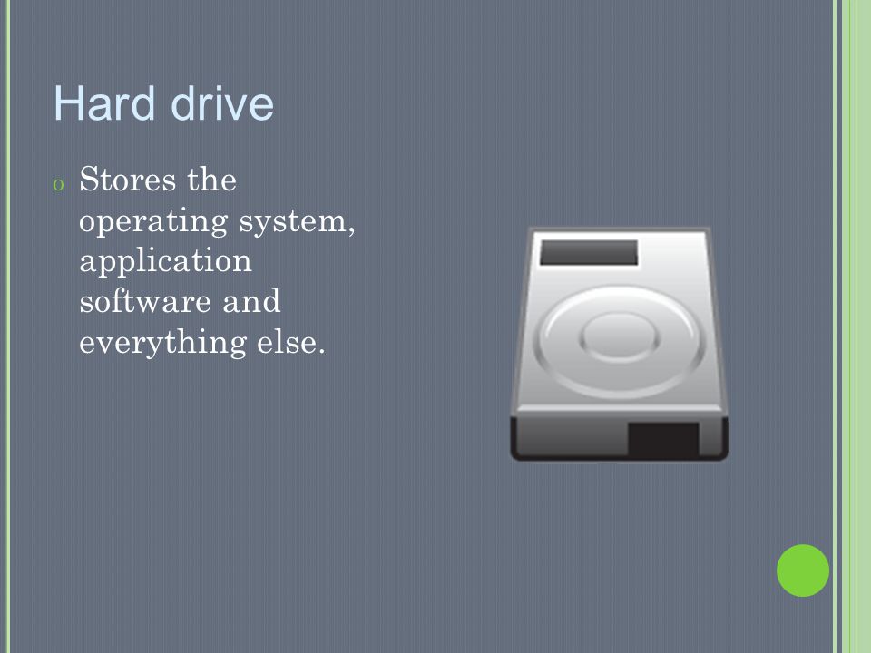 Hard drive Stores the operating system, application software and everything else.