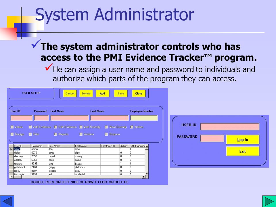System Administrator The system administrator controls who has access to the PMI Evidence Tracker™ program.
