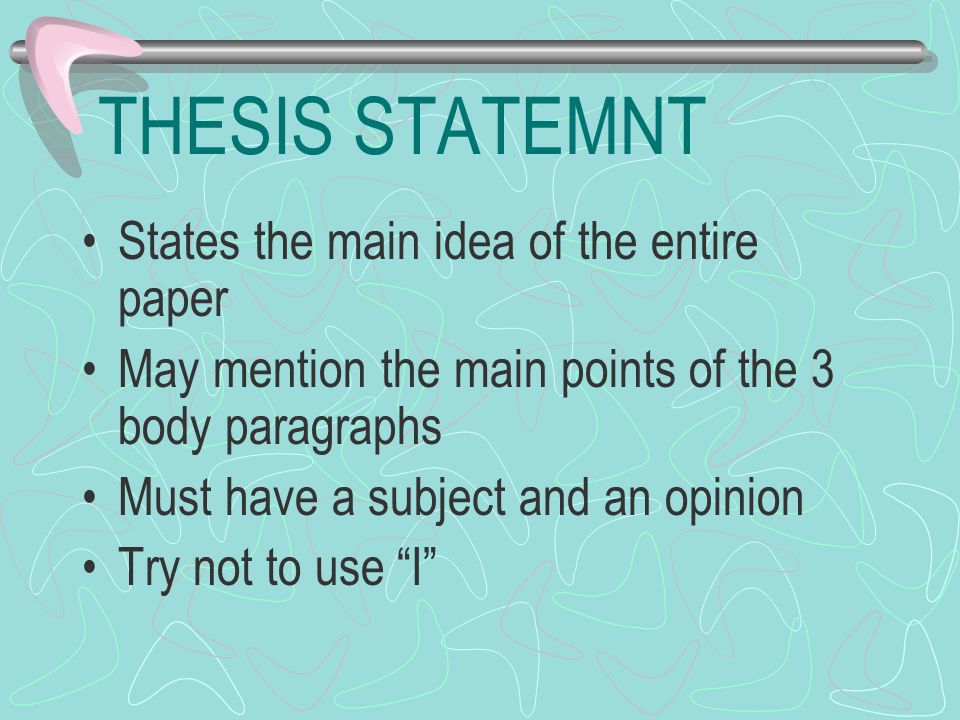THESIS STATEMNT States the main idea of the entire paper