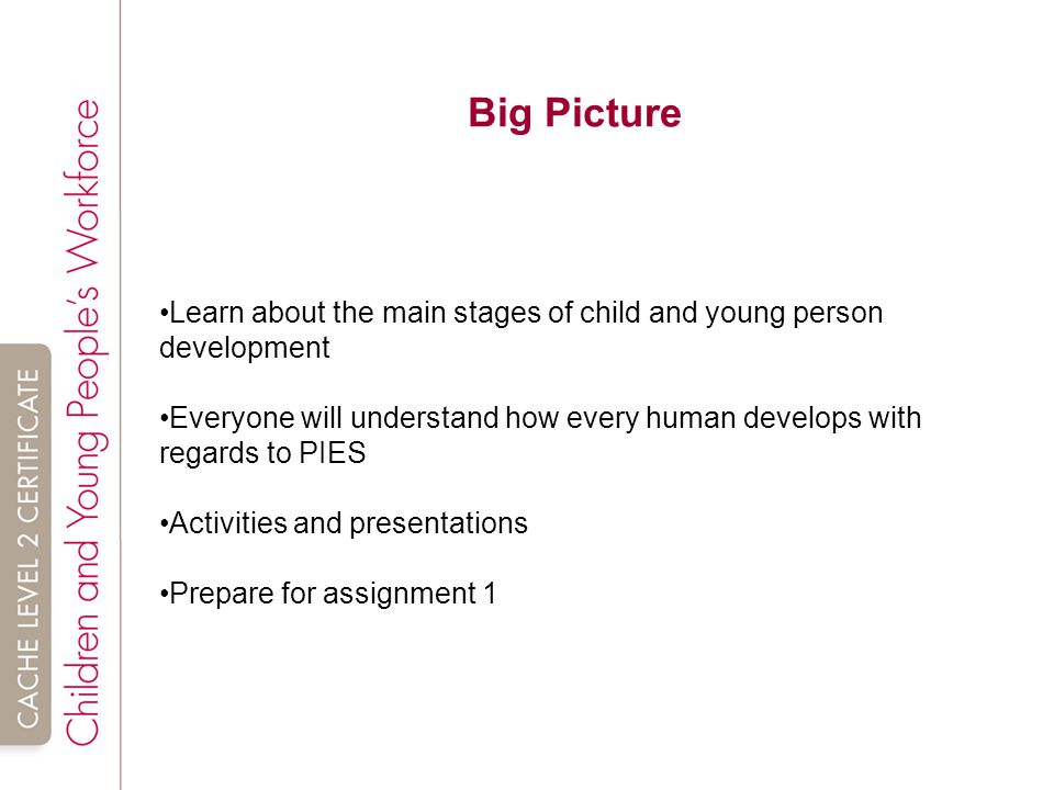 Big Picture Learn about the main stages of child and young person development.