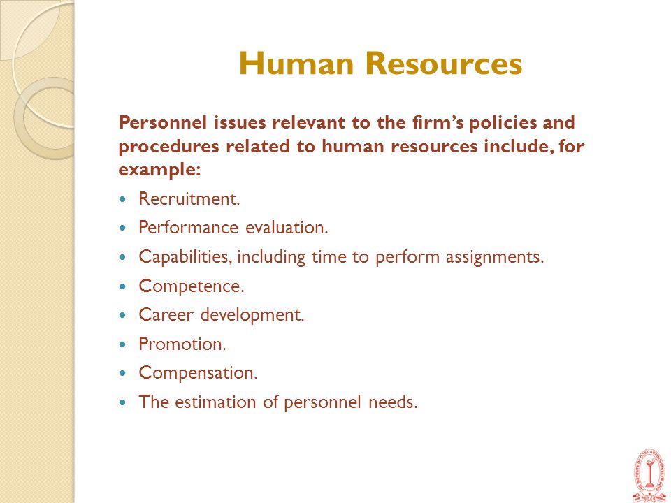 Human Resources Personnel issues relevant to the firm’s policies and procedures related to human resources include, for example: