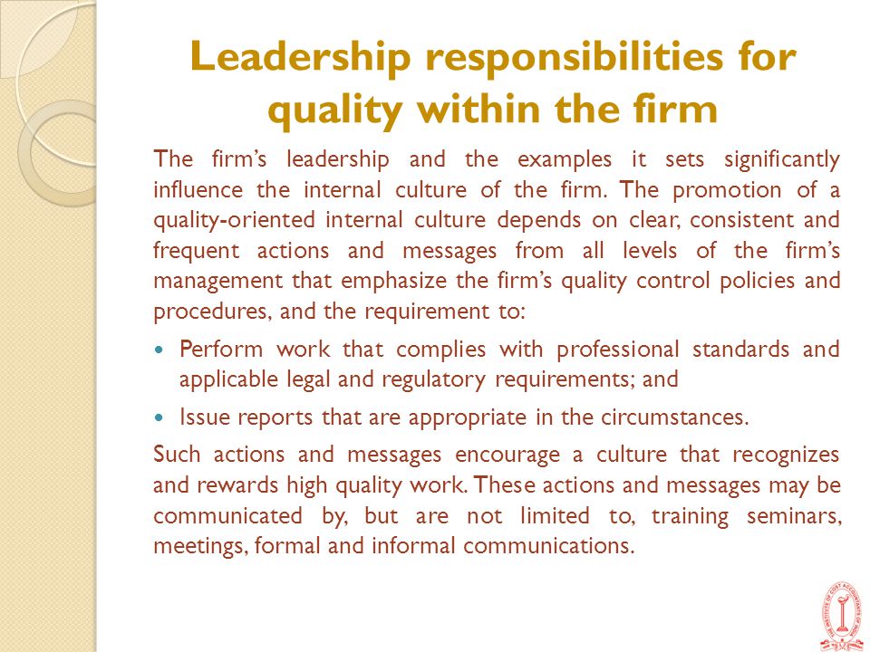 Leadership responsibilities for quality within the firm