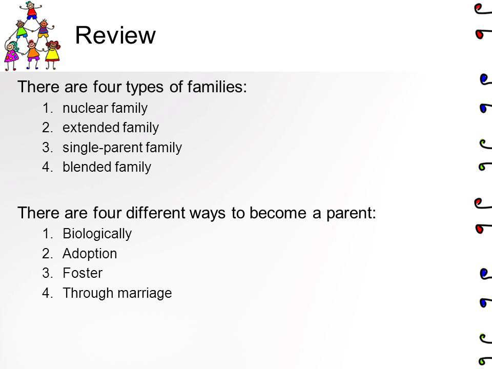 Review There are four types of families: