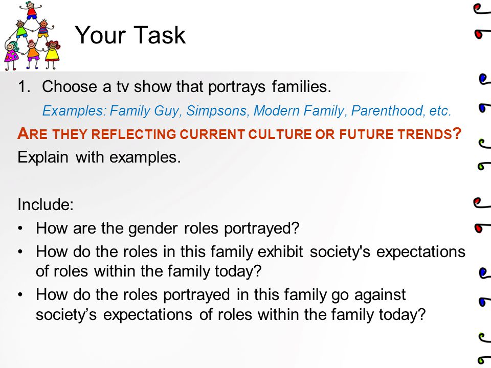 Your Task Choose a tv show that portrays families.