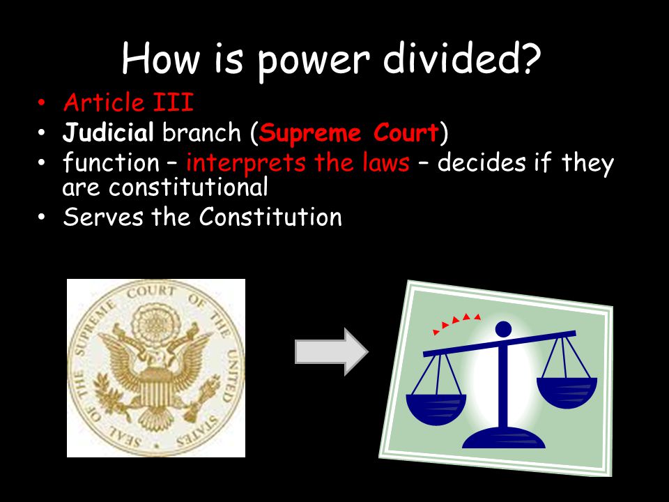 How is power divided Article III Judicial branch (Supreme Court)