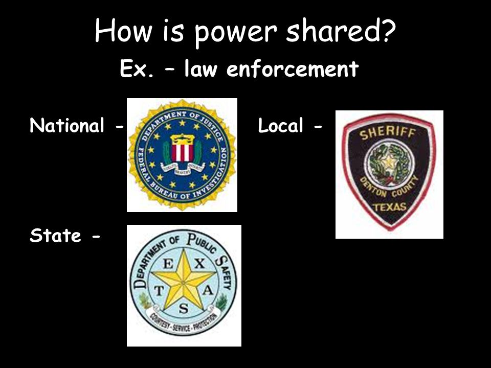 How is power shared Ex. – law enforcement National - Local - State -