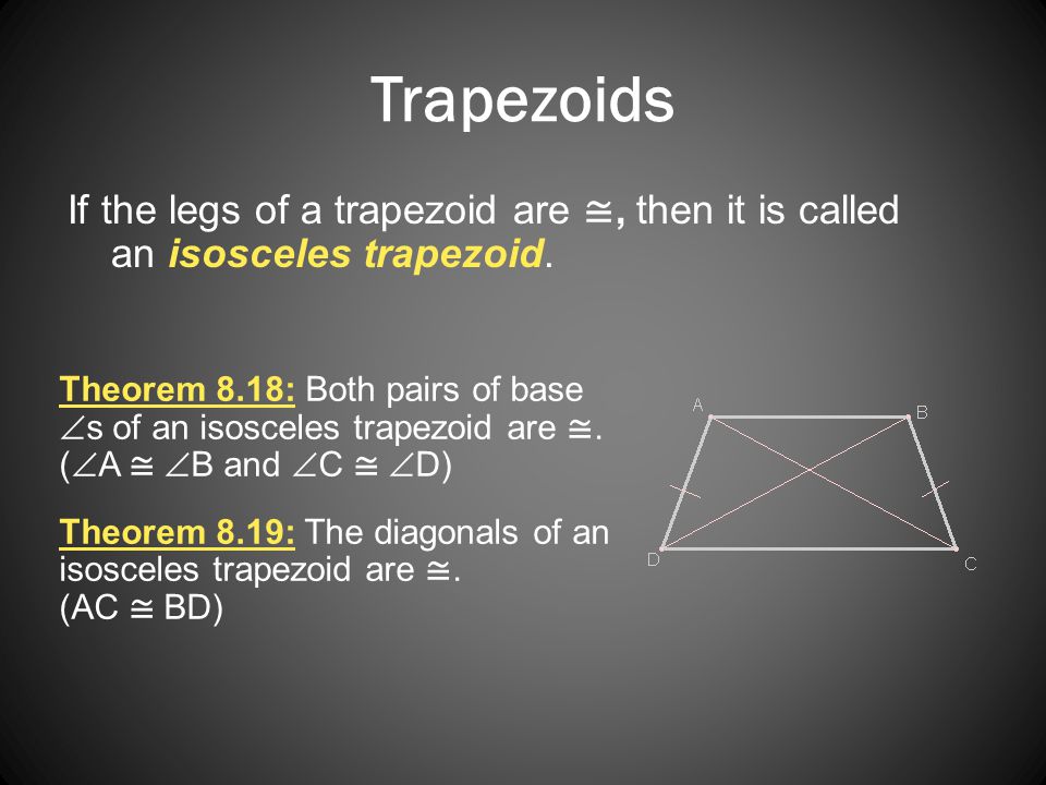 Trapezoids If the legs of a trapezoid are ≅, then it is called an isosceles trapezoid.