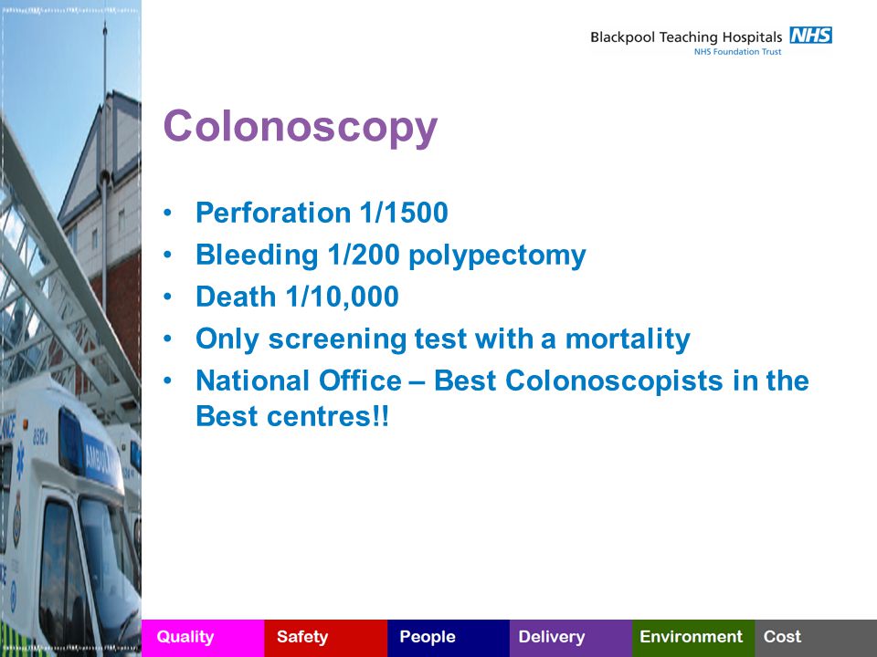 Colonoscopy Perforation 1/1500 Bleeding 1/200 polypectomy