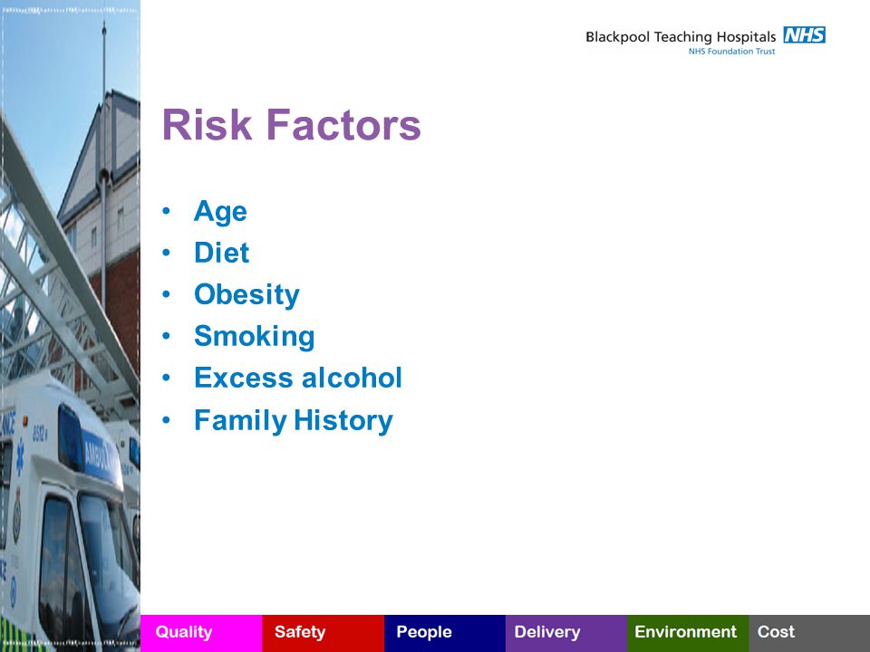 Risk Factors Age Diet Obesity Smoking Excess alcohol Family History