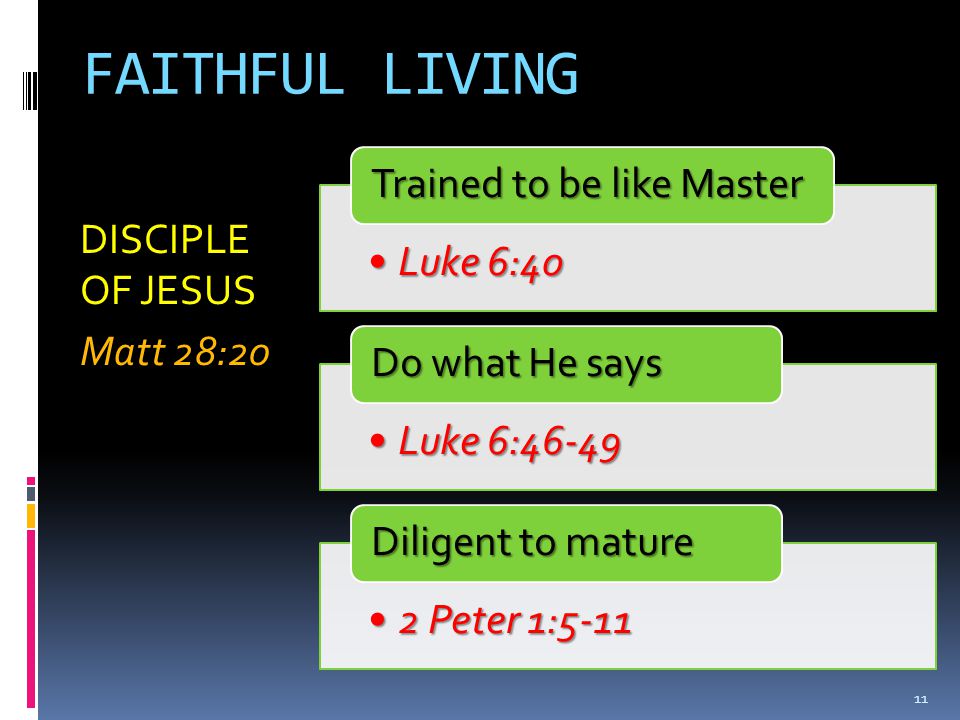 FAITHFUL LIVING Trained to be like Master Luke 6:40 Do what He says