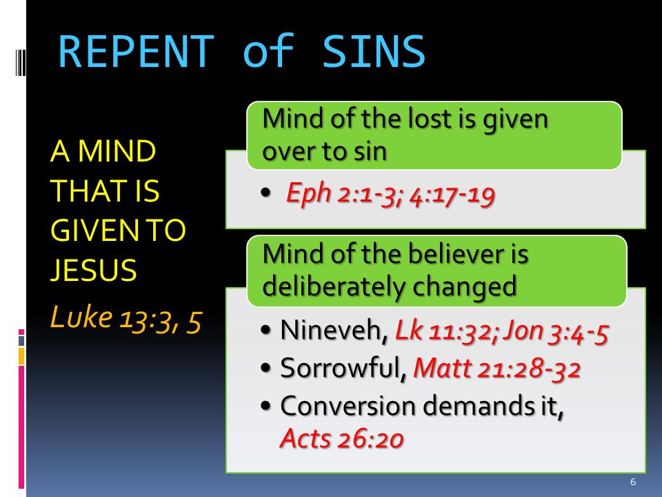 REPENT of SINS A MIND THAT IS GIVEN TO JESUS Luke 13:3, 5