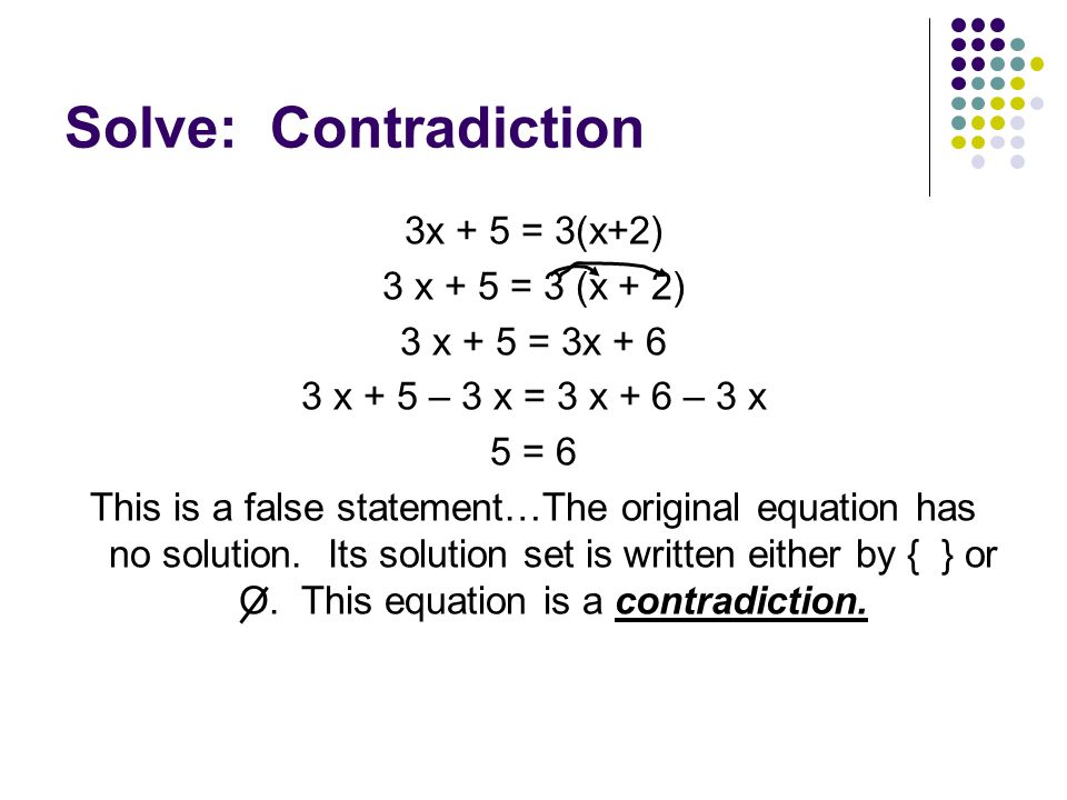 Solve: Contradiction 3x + 5 = 3(x+2) 3 x + 5 = 3 (x + 2)