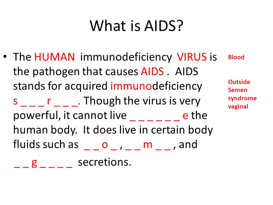 What is AIDS Blood. Outside. Semen. syndrome. vaginal.