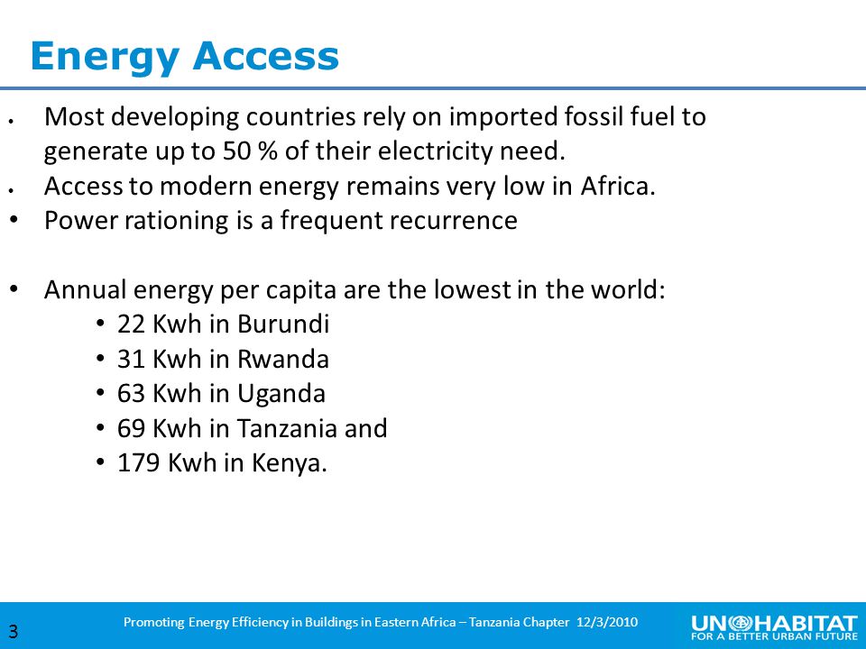Energy Access Most developing countries rely on imported fossil fuel to generate up to 50 % of their electricity need.