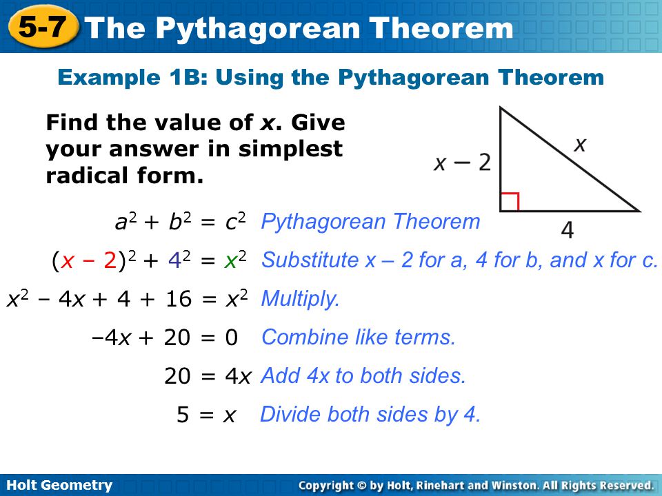 Example 1B: Using the Pythagorean Theorem