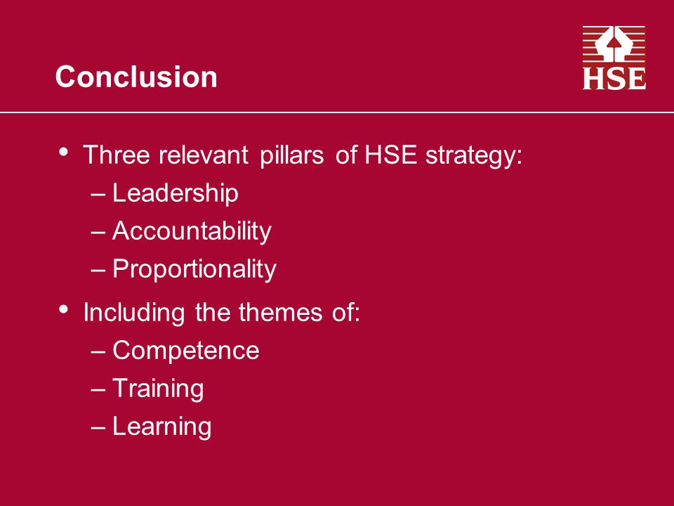 Conclusion Three relevant pillars of HSE strategy: Leadership