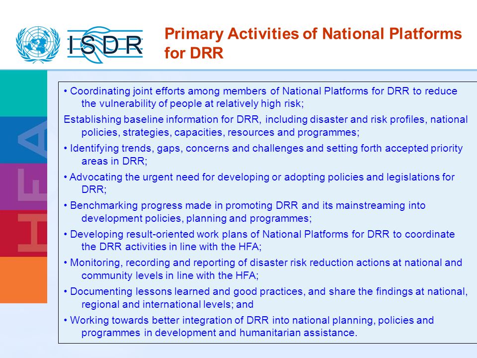 Primary Activities of National Platforms for DRR
