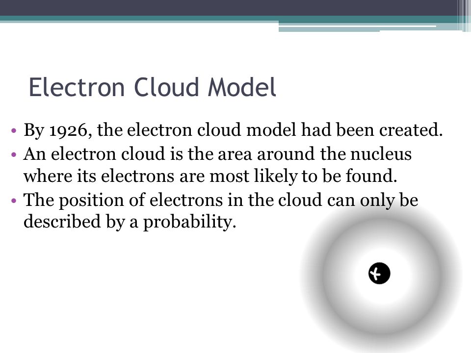 Electron Cloud Model By 1926, the electron cloud model had been created.