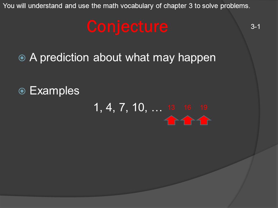 Conjecture A prediction about what may happen Examples 1, 4, 7, 10, …