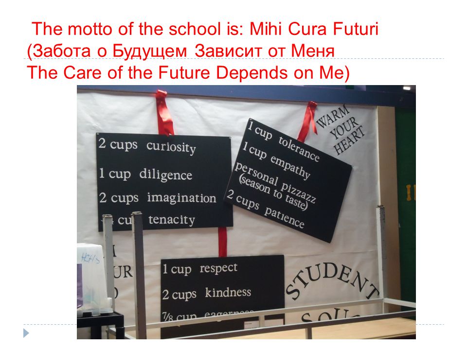 The motto of the school is: Mihi Cura Futuri (Забота о Будущем Зависит от Меня