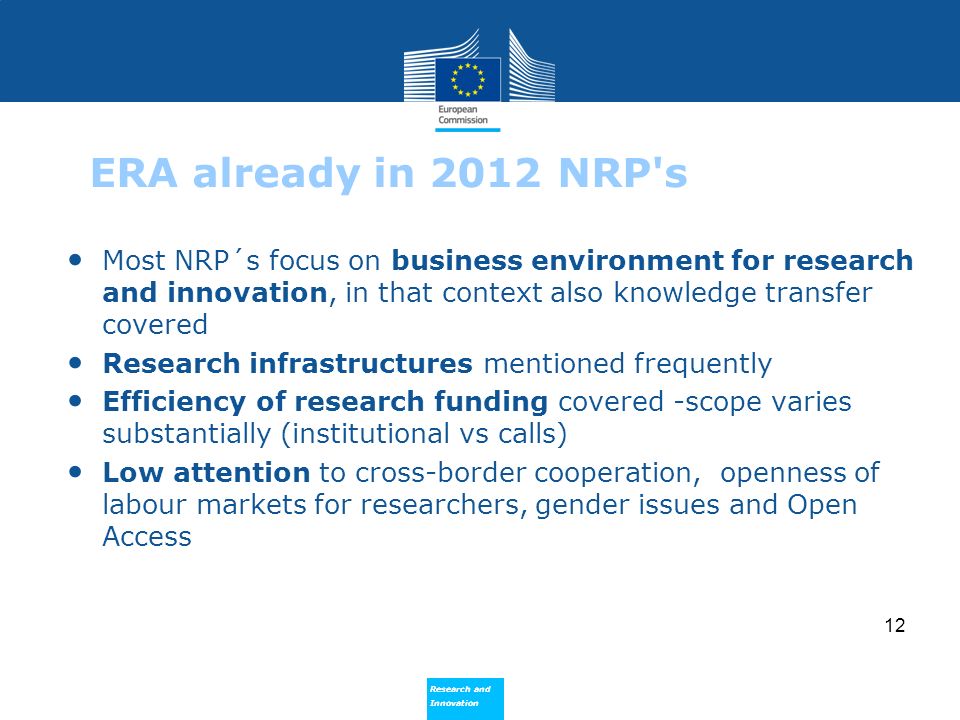 ERA already in 2012 NRP s Most NRP´s focus on business environment for research and innovation, in that context also knowledge transfer covered.