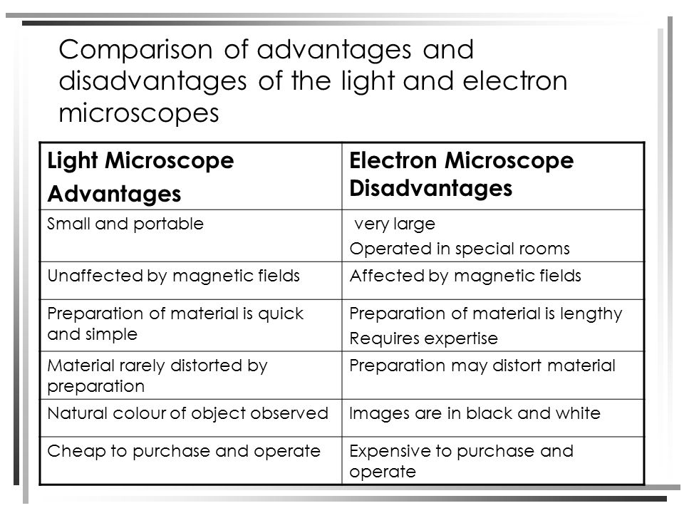 Comparison of advantages and disadvantages of the light and electron microscopes
