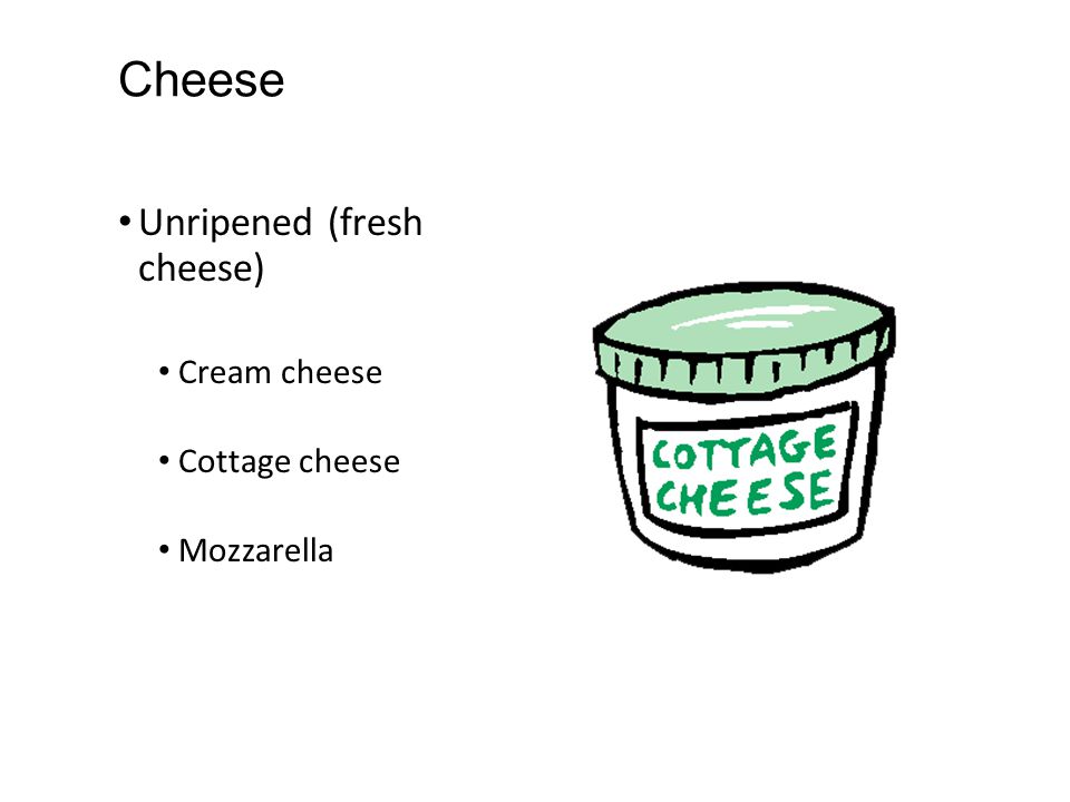 Cheese Unripened (fresh cheese) Cream cheese Cottage cheese Mozzarella