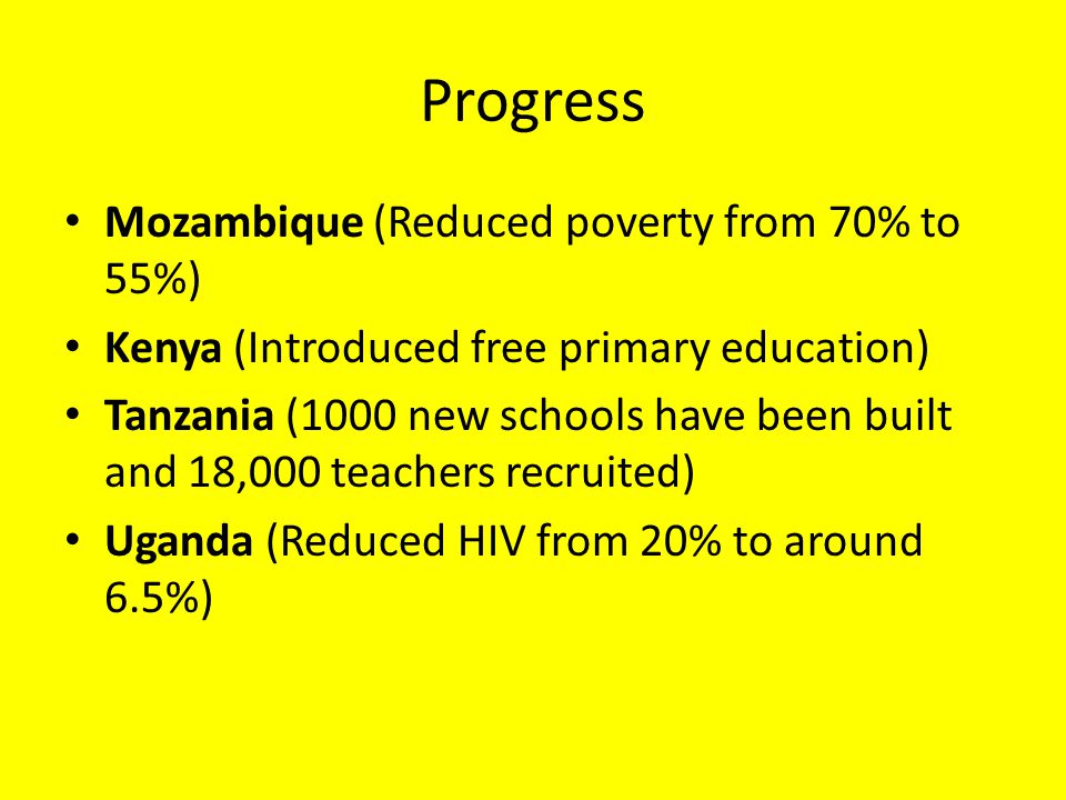 Progress Mozambique (Reduced poverty from 70% to 55%)
