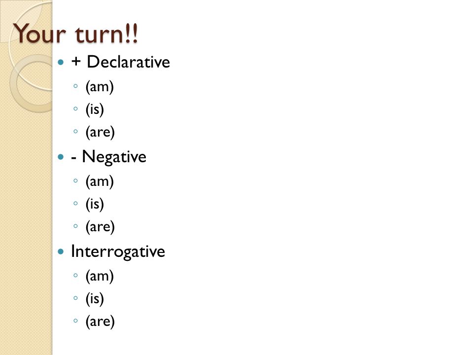 Your turn!! + Declarative (am) (is) (are) - Negative Interrogative