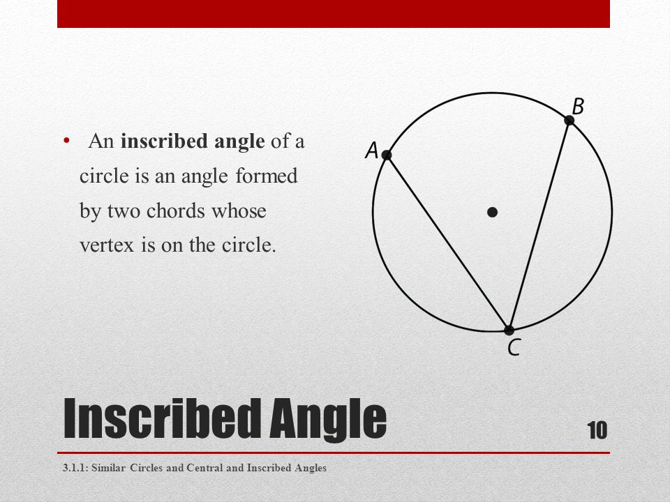 Inscribed Angle An inscribed angle of a circle is an angle formed