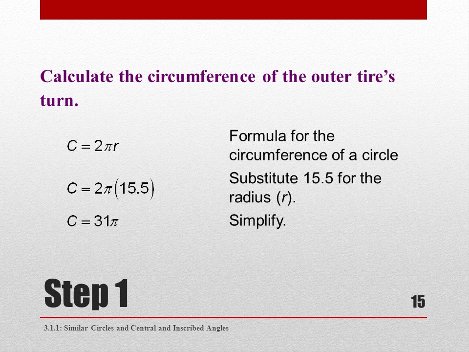 Step 1 Calculate the circumference of the outer tire’s turn.
