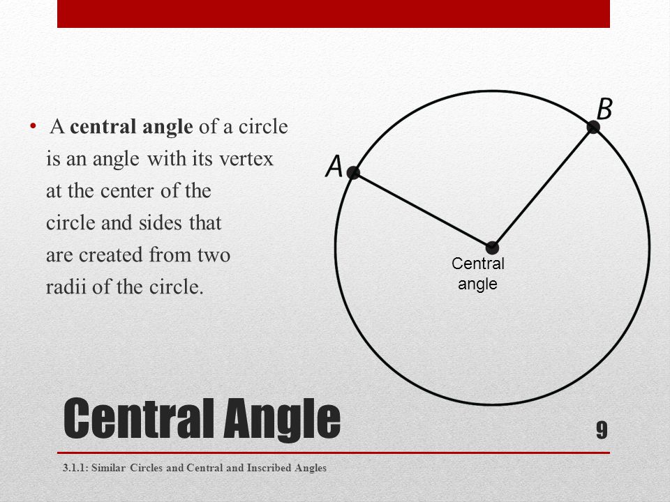 Central Angle A central angle of a circle is an angle with its vertex