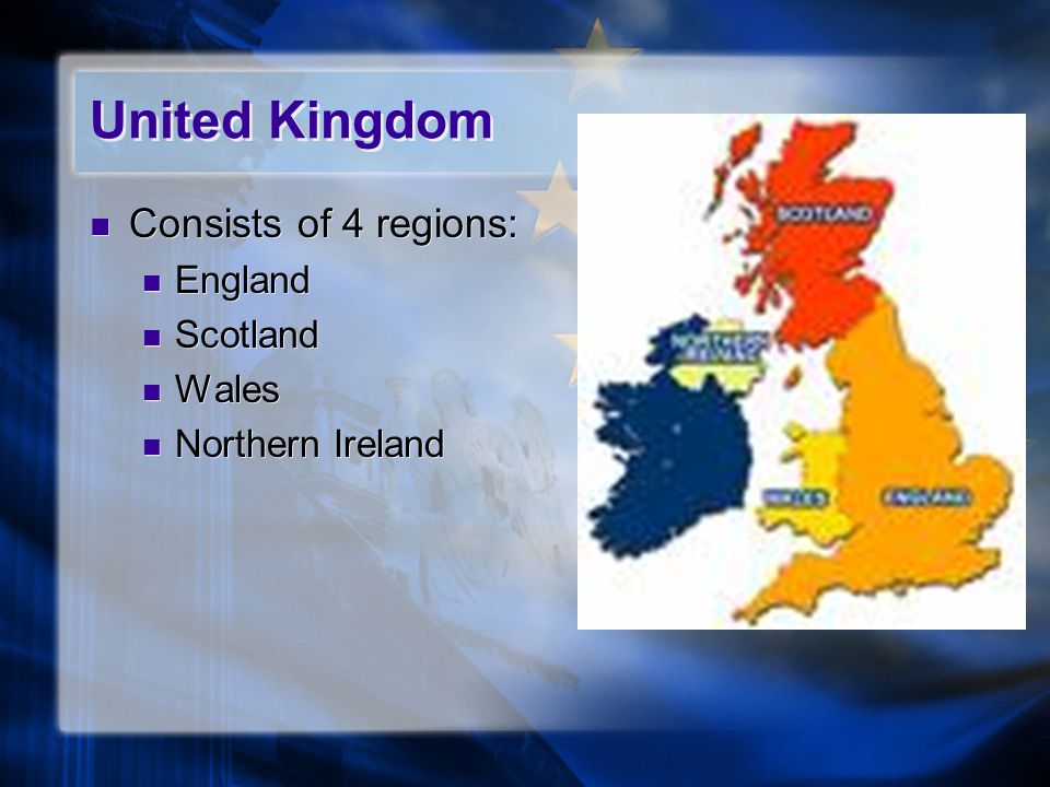 United Kingdom Consists of 4 regions: England Scotland Wales
