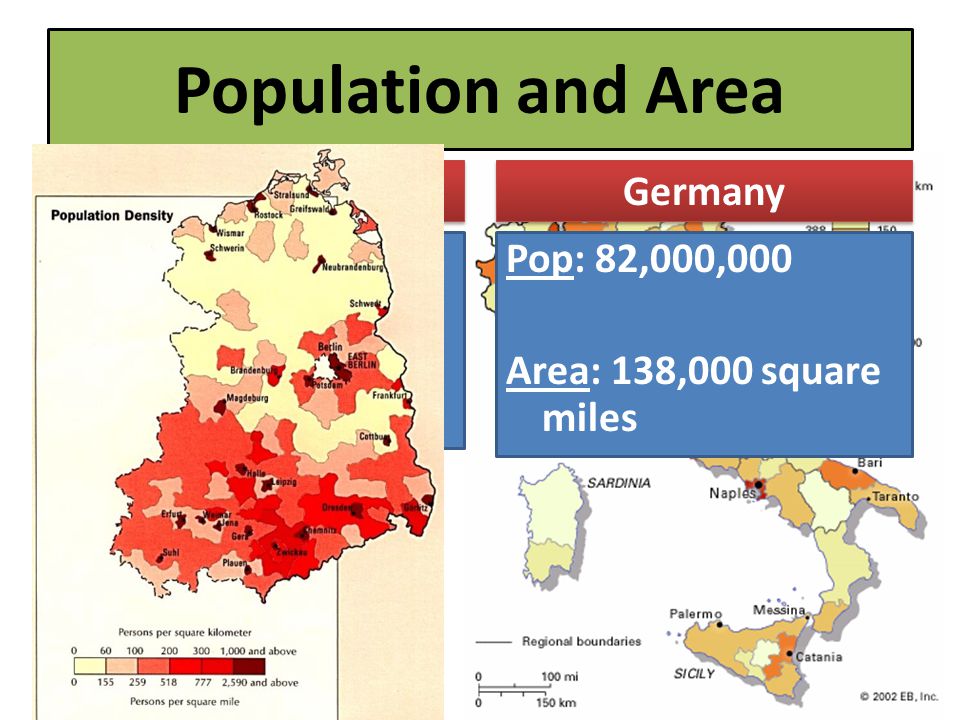 Population and Area Italy Germany Pop: 58,000,000