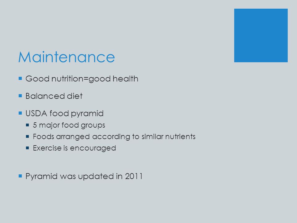 Maintenance Good nutrition=good health Balanced diet USDA food pyramid