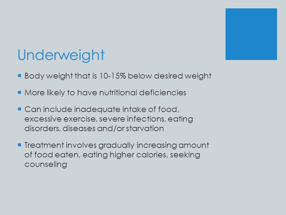 Underweight Body weight that is 10-15% below desired weight