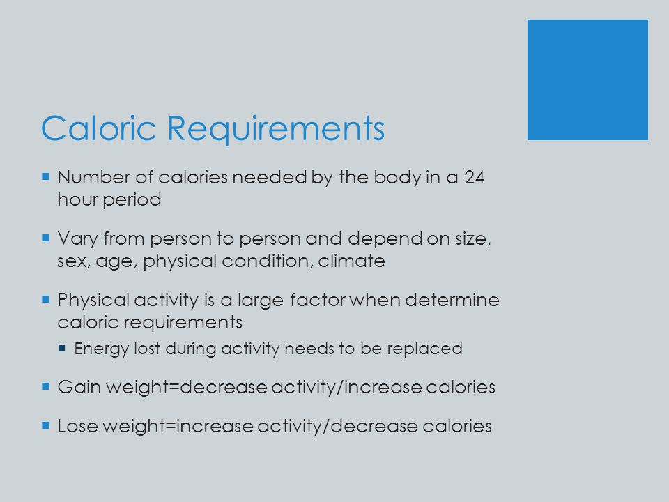 Caloric Requirements Number of calories needed by the body in a 24 hour period.