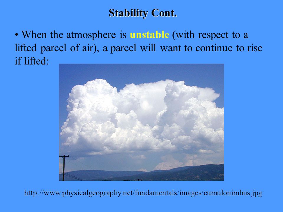 Stability Cont. When the atmosphere is unstable (with respect to a lifted parcel of air), a parcel will want to continue to rise if lifted: