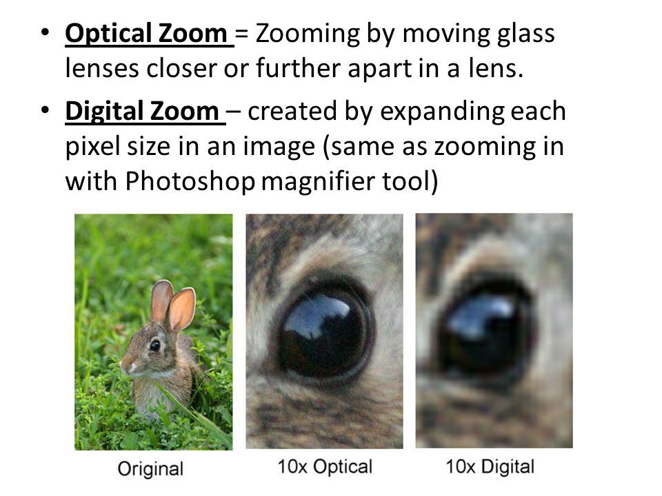 Optical Zoom = Zooming by moving glass lenses closer or further apart in a lens.