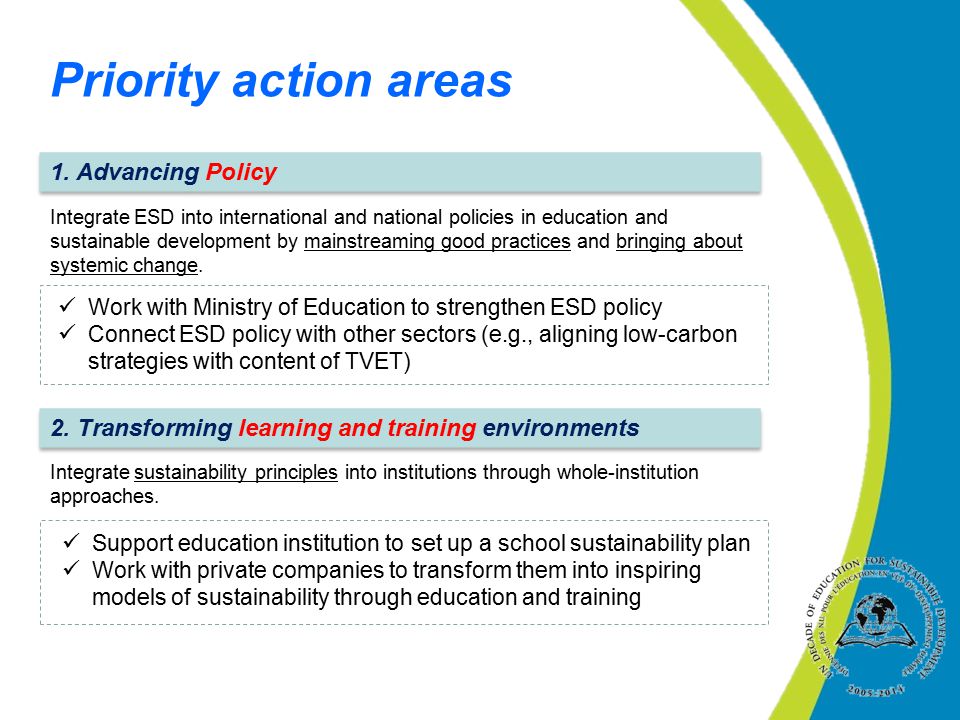 Priority action areas 1. Advancing Policy