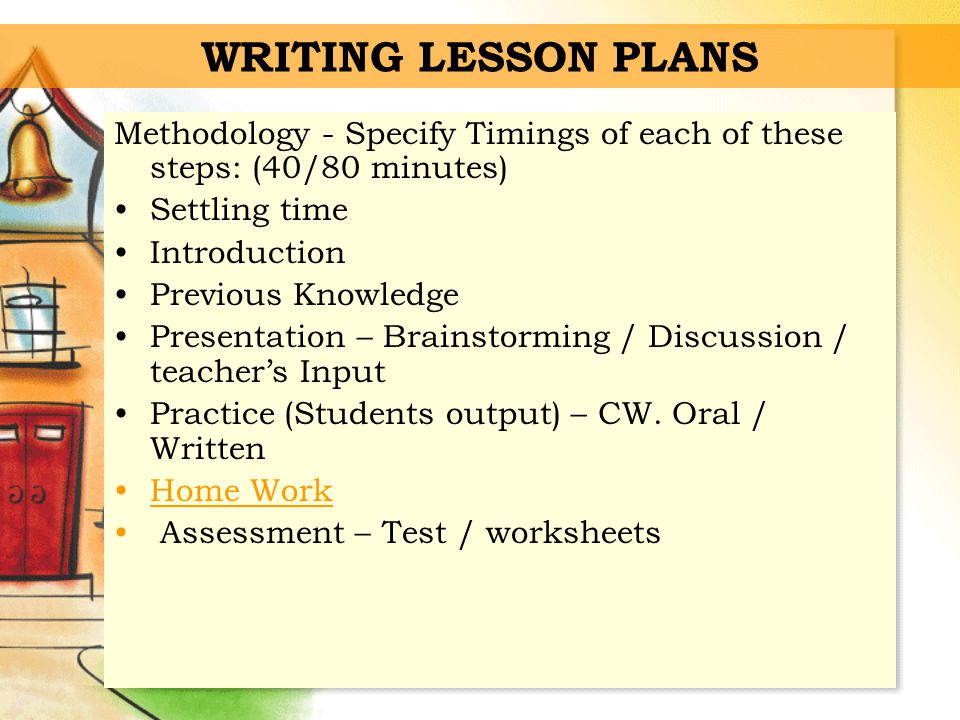 WRITING LESSON PLANS Methodology - Specify Timings of each of these steps: (40/80 minutes) Settling time.